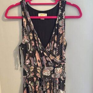 Anthropology Maeve small floral (black, pink, light blue) vneck mid length dress